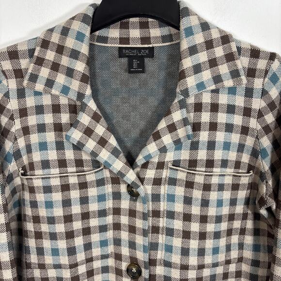 Rachel Zoe Button Up Cardigan Shacket Sweater Blazer Brown Plaid Large Fall - Picture 4 of 8